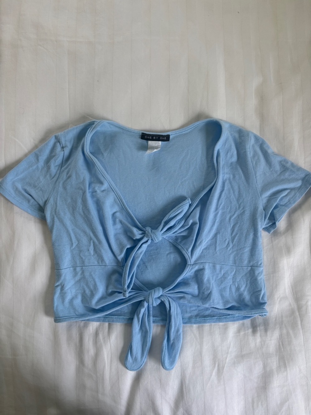 One by One Light Blue Tie-Front Crop Top